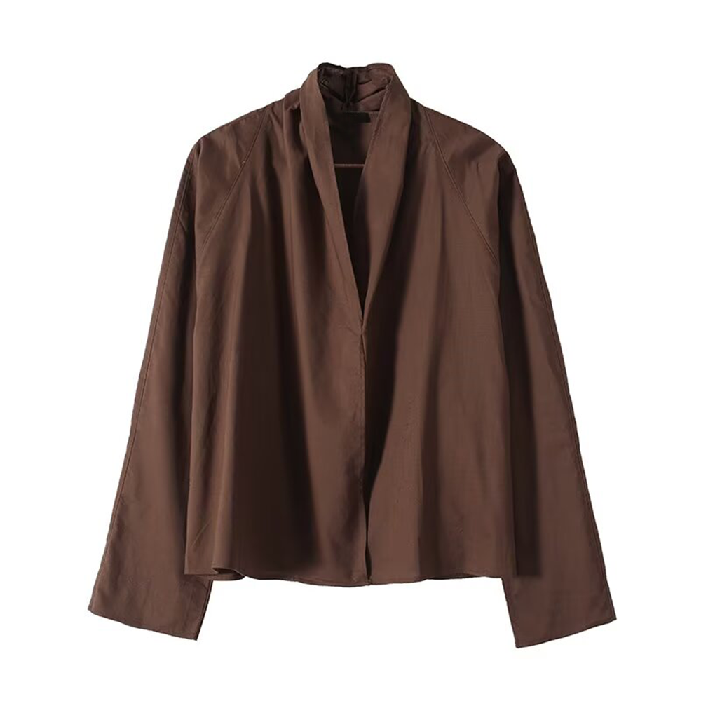 Women's long sleeved linen blended V-neck shirt