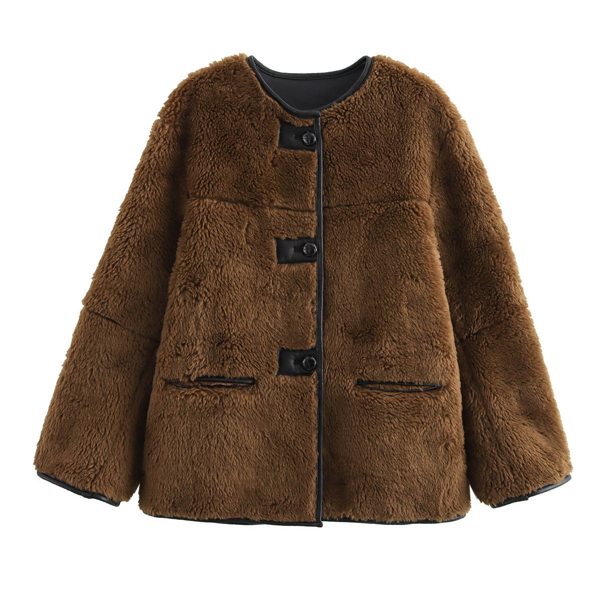 Women's thick warm O Neck Fur Faux Leather Coat