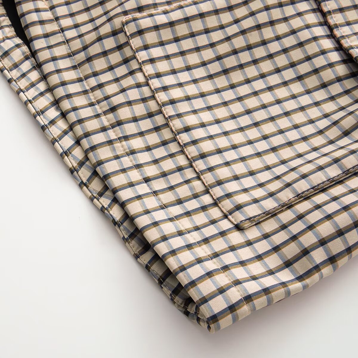 Women's casual stand collar waist cinched plaid Coat