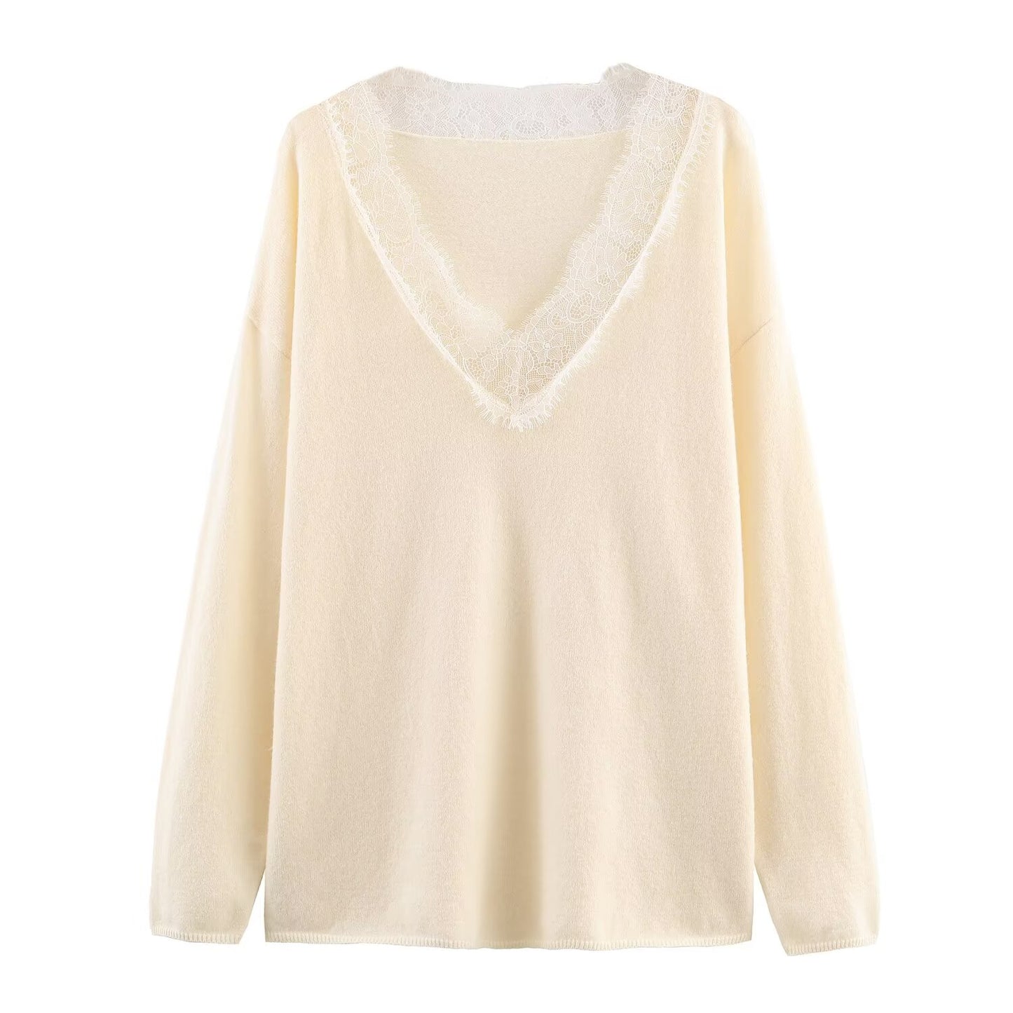Women's lace decorated loose V-neck knitted sweater