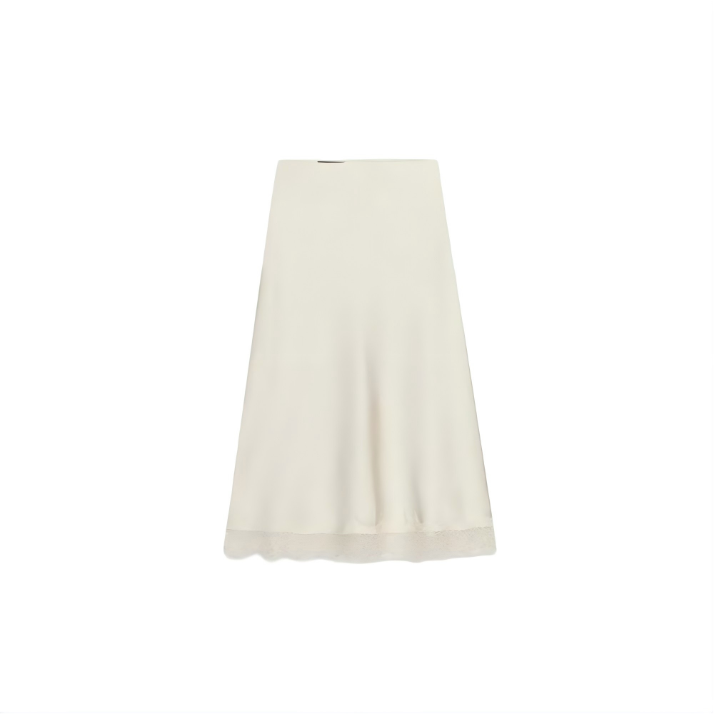Women's lace hem satin texture MIDI skirt