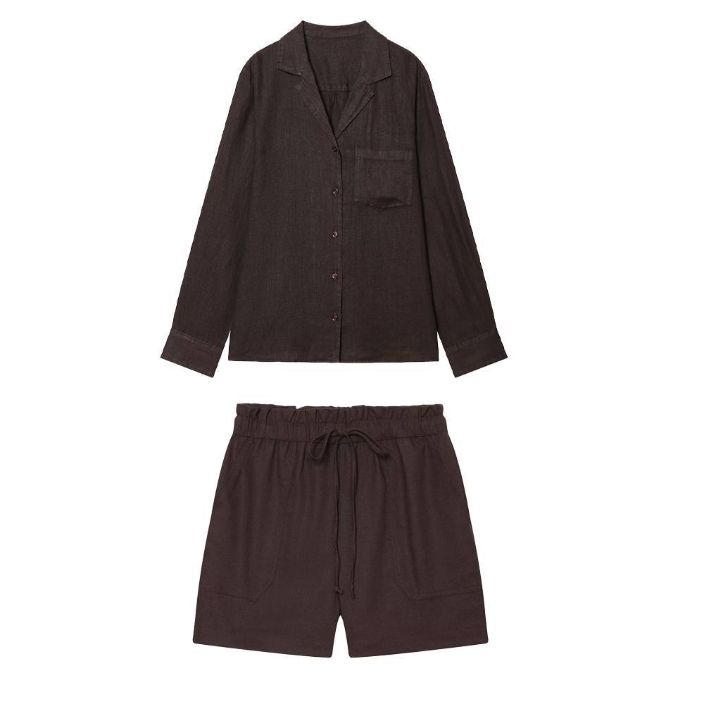 suit Women's 2 pieces pocket decoration linen blend shirt+Pants+ Shorts