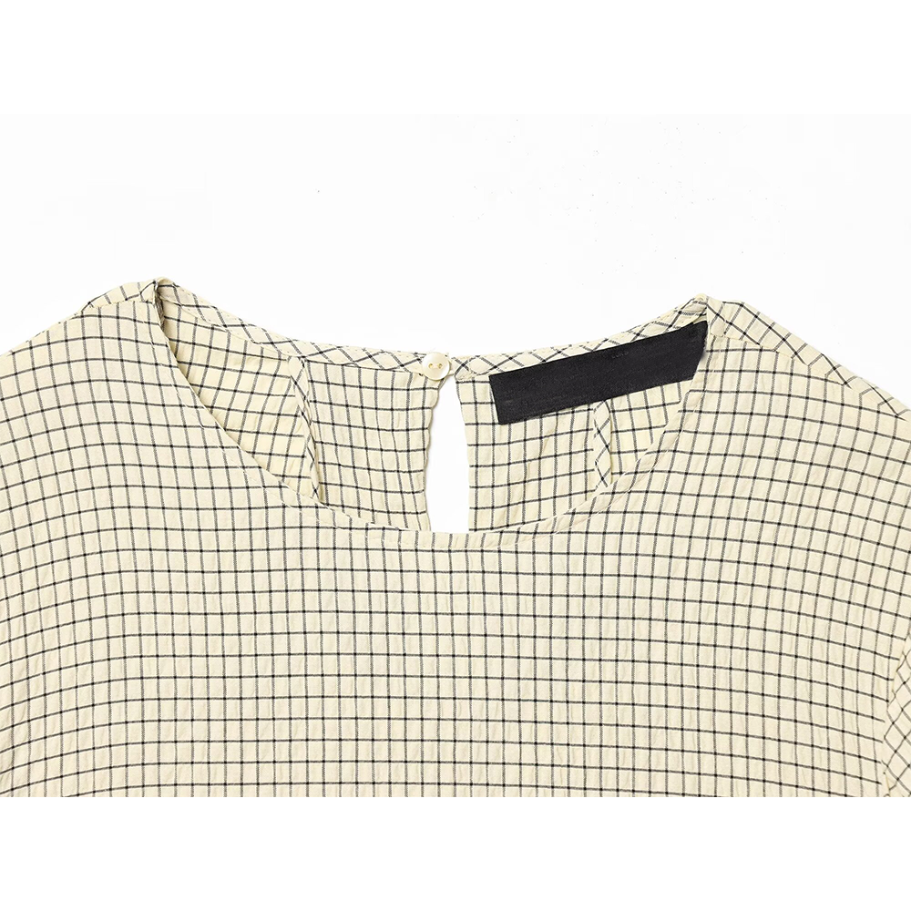 Women's O Neck balloon sleeve checkered top
