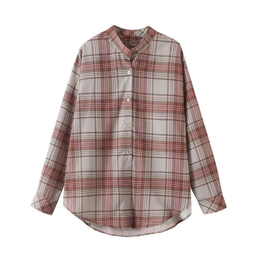 Women's new fashion long sleeved stand collar plaid printed shirt