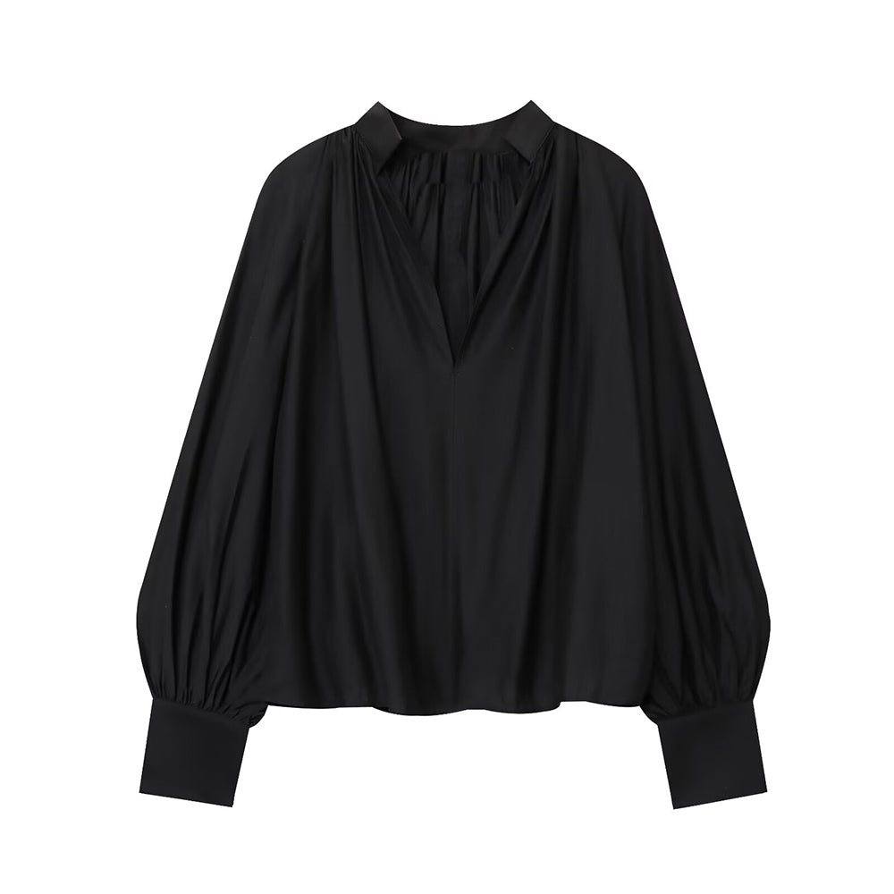 Women's pleated decorative lantern sleeve shirt
