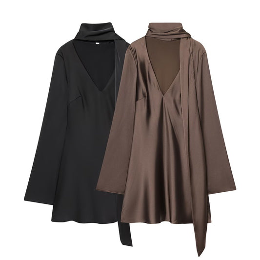 Women's new scarf decoration satin texture mini dress