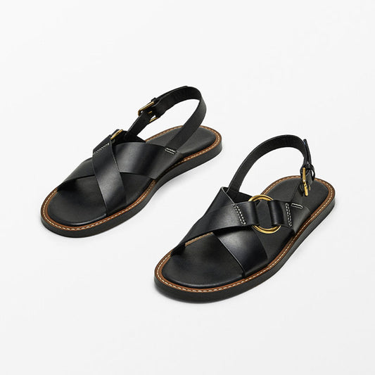 Women's New Casual Joker Leather Cross Strap Design Flat Slippers Roman Sandals
