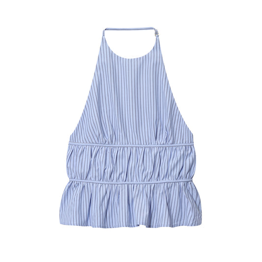 Women's new fashion striped poplin hanging neck collar top
