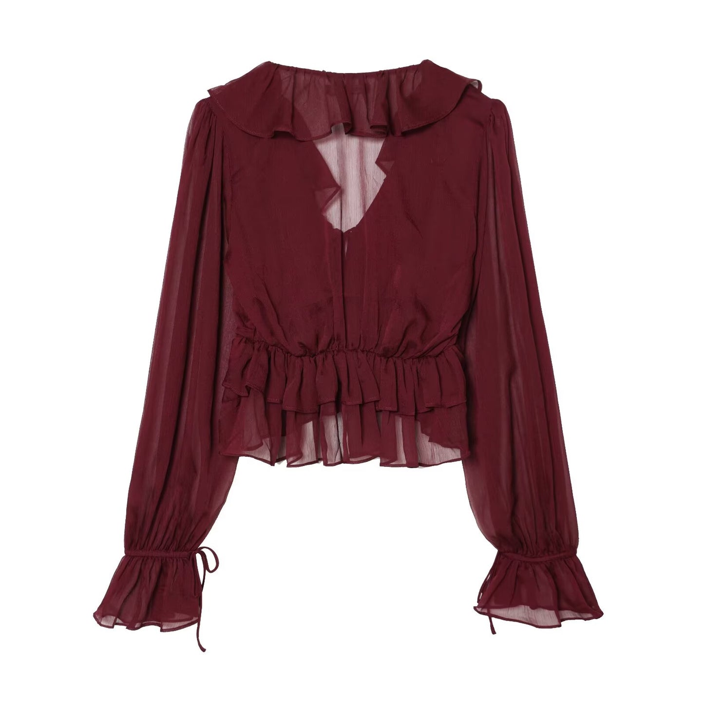 Women's slightly transparent ruffled V-neck top