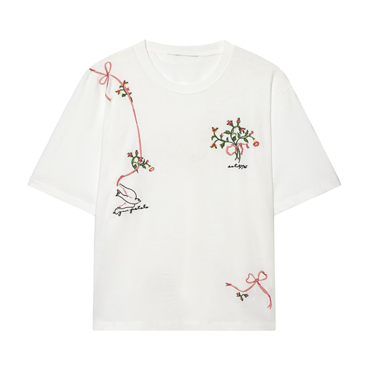 Women's casual O Neck embroidered flower T-shirt