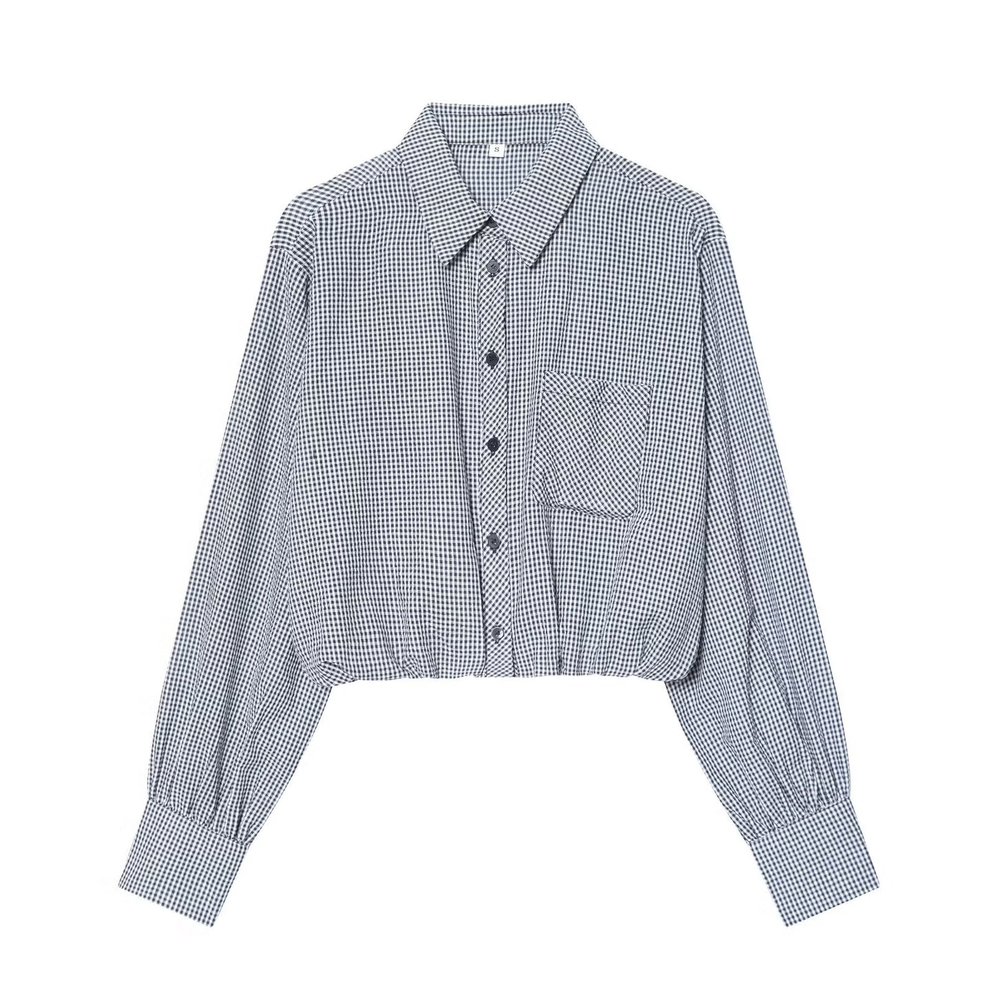 Women's balloon shaped short plaid poplin shirt