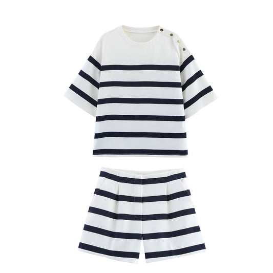 set woman 2 pieces2025 Fashion Striped short-sleeved Tops Vintage Female + high waist shorts Women's suit
