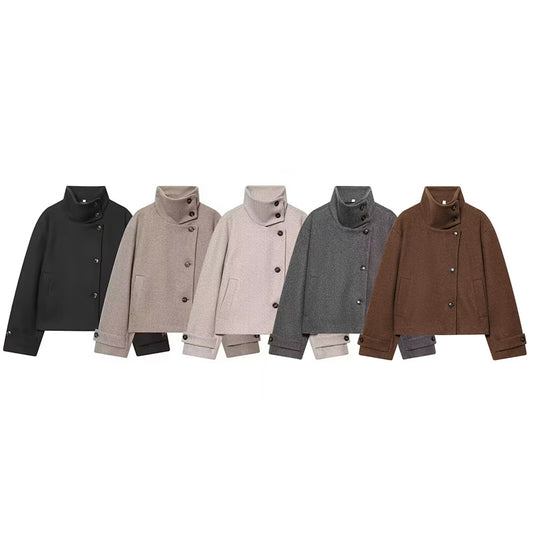 Women's loose standing collar warm woolen coat