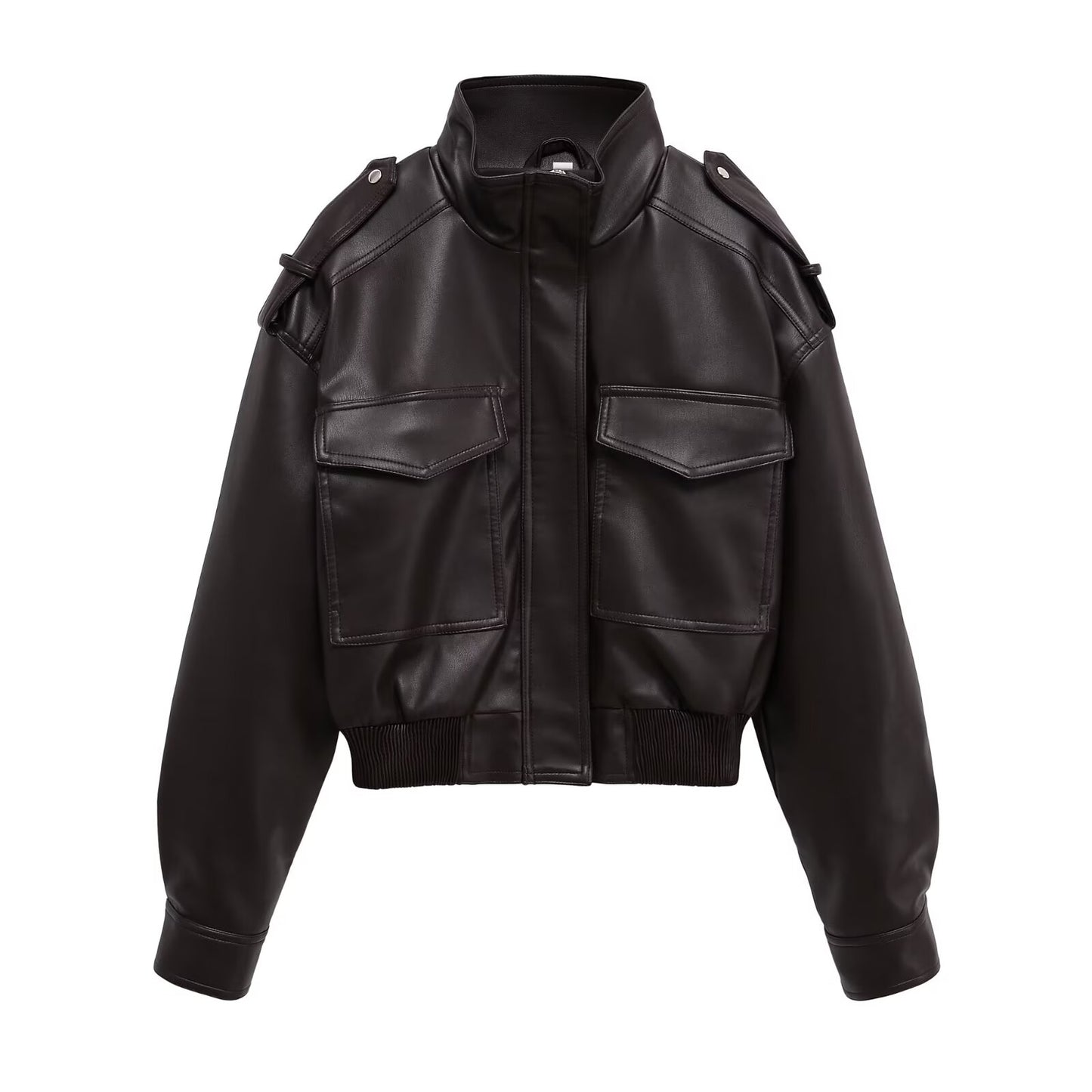 Women's short standing collar Faux Leather jacket Coat