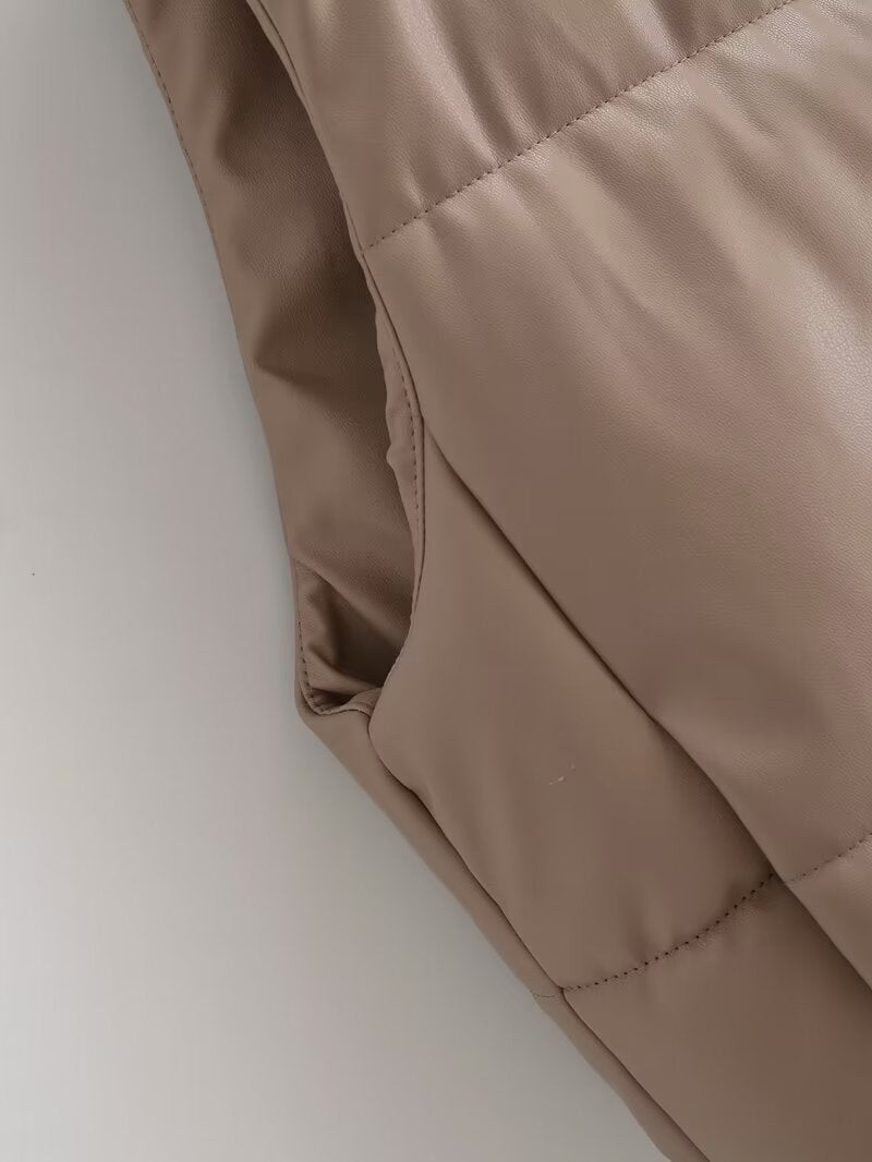 Women's standing collar Faux Leather cotton vest