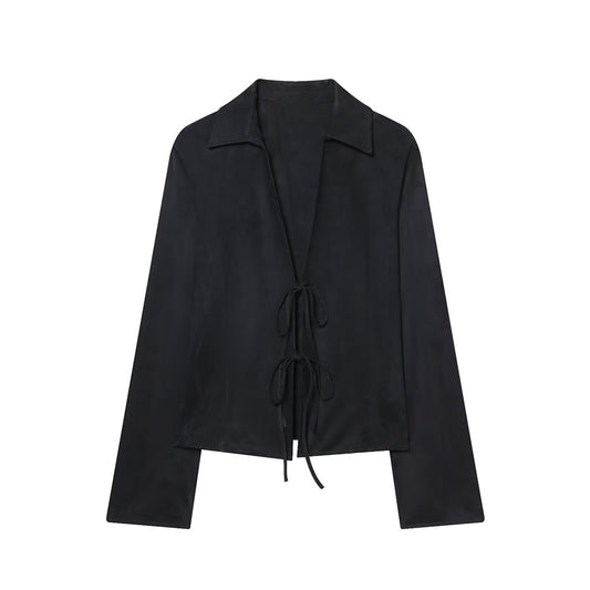 Women's black slim suede effect lace up shirt