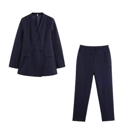 Women's new fashion long sleeved double breasted V-neck suit jacket+Pants suit