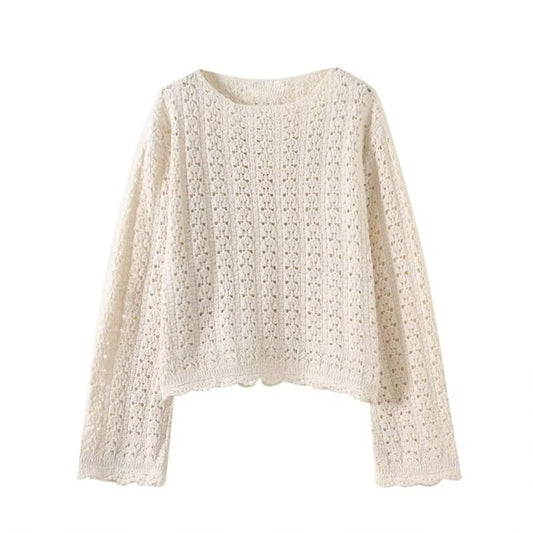 Women's new fashion long sleeved hollow crochet O-Neck knitted top