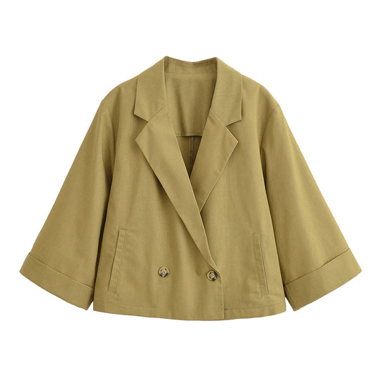 Women's new fashion loose linen blend double breasted suit coat