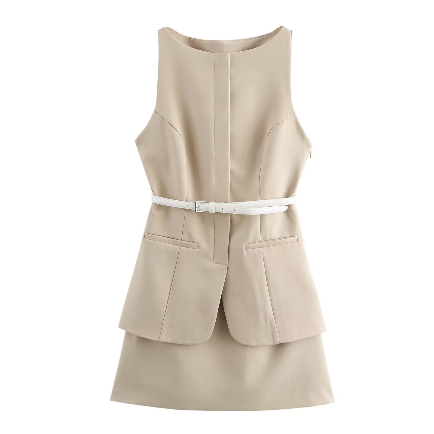 Women's new chic fashion With Belt slim fit splicing two-piece set style sleeveless mini dress retro round neck women's dress Mujer