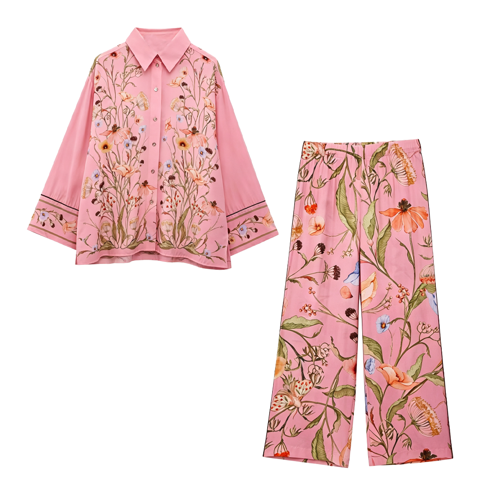 suit Women's 2 pieces loose long sleeved printed shirt+Pants