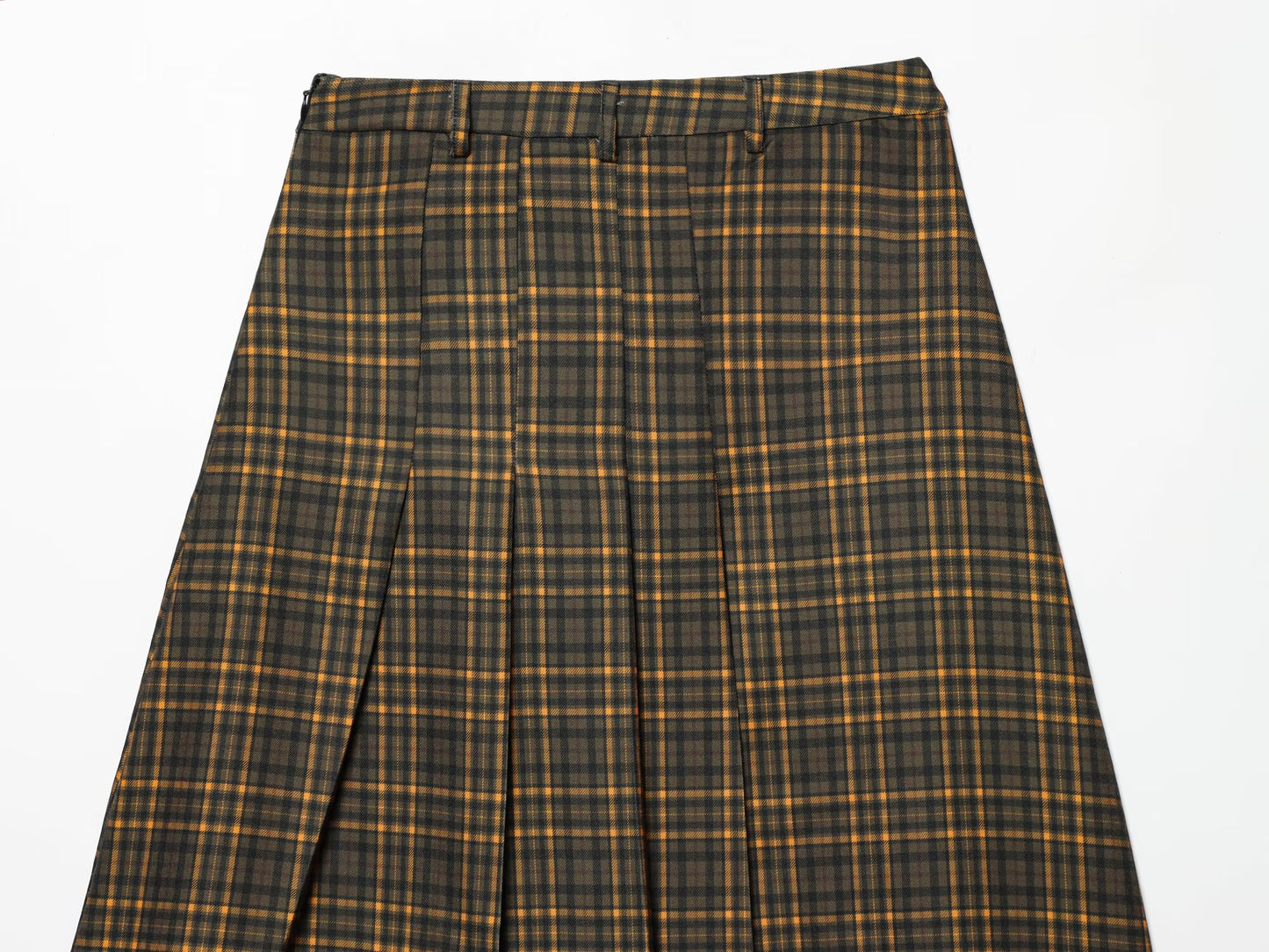 Women's button decoration pleated plaid MIDI skirt
