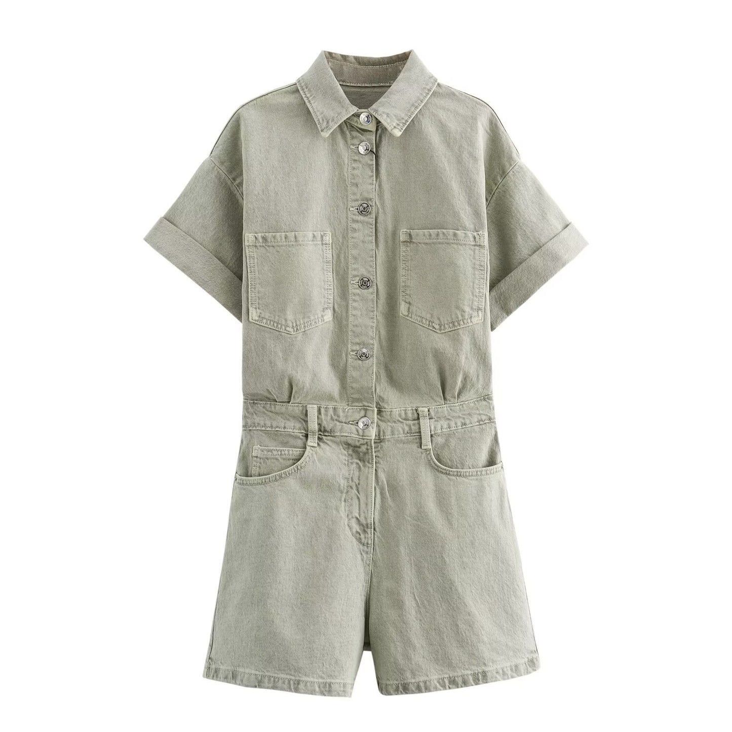 Women's new fashion short sleeved single breasted denim jumpsuit