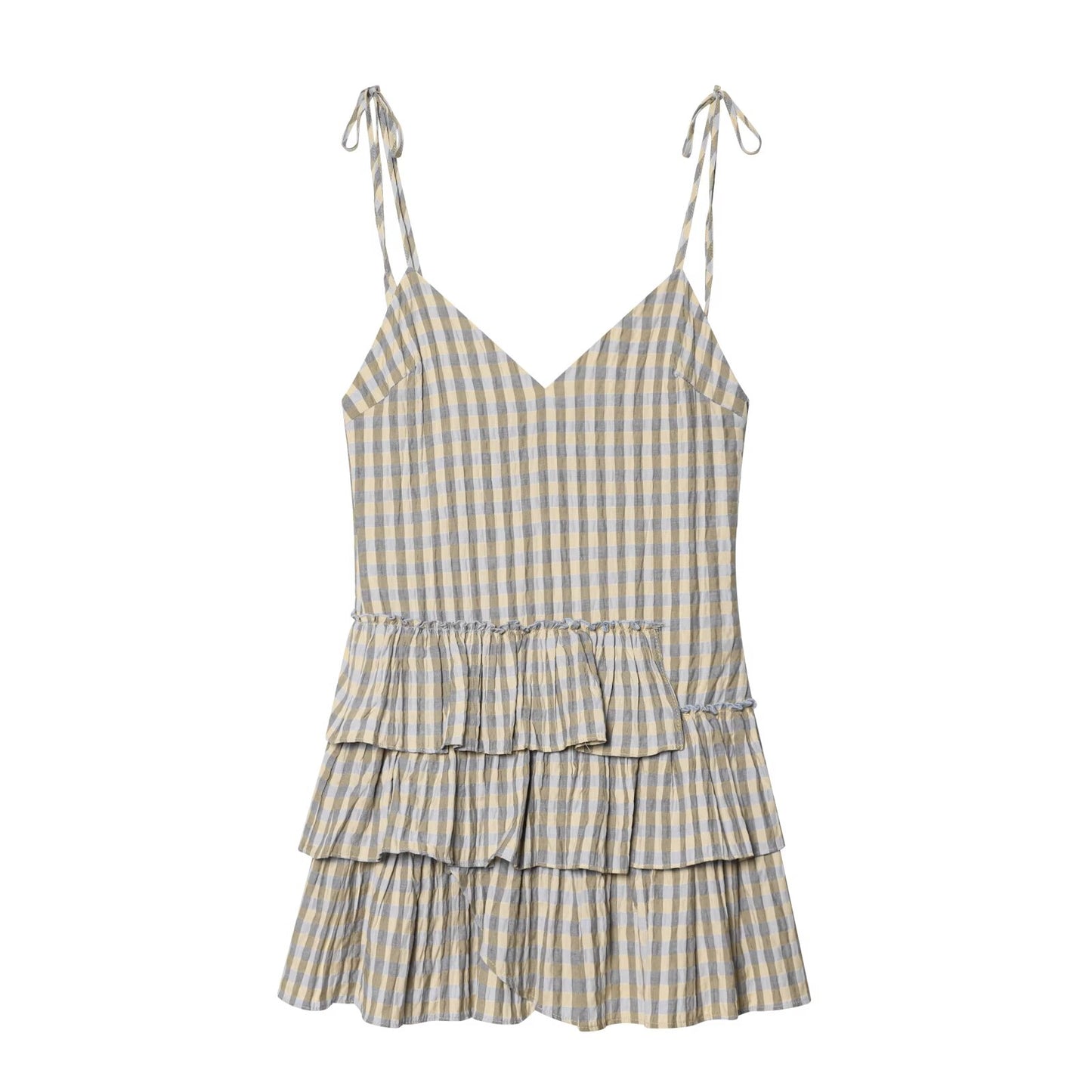 Women's layered decorative plaid suspender dress