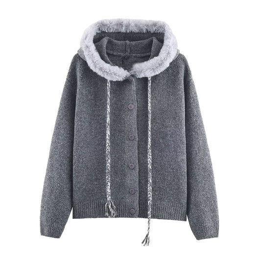 Women's plush hooded woven rope tassel knitted cardigan