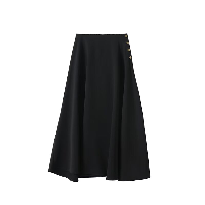 Women's buckle decoration black draped trumpet Midi skirt