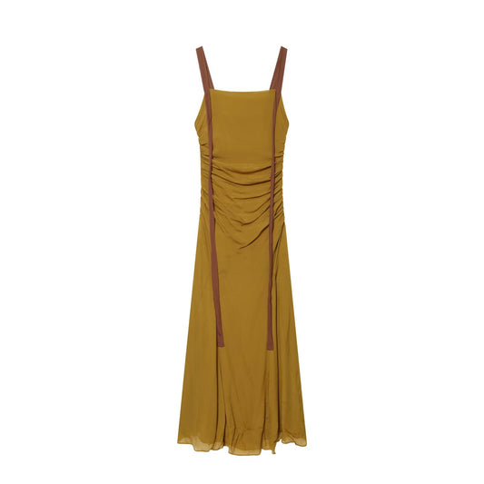 Women's pleated wide shoulder strap Midi dress