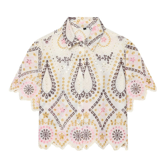Women's hollow embroidered short sleeved shirt