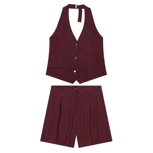 suit Women's 2 pieces linen blended halter neck vest+Shorts