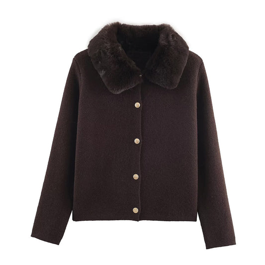 Women's artificial fur effect lapel knitted Coat
