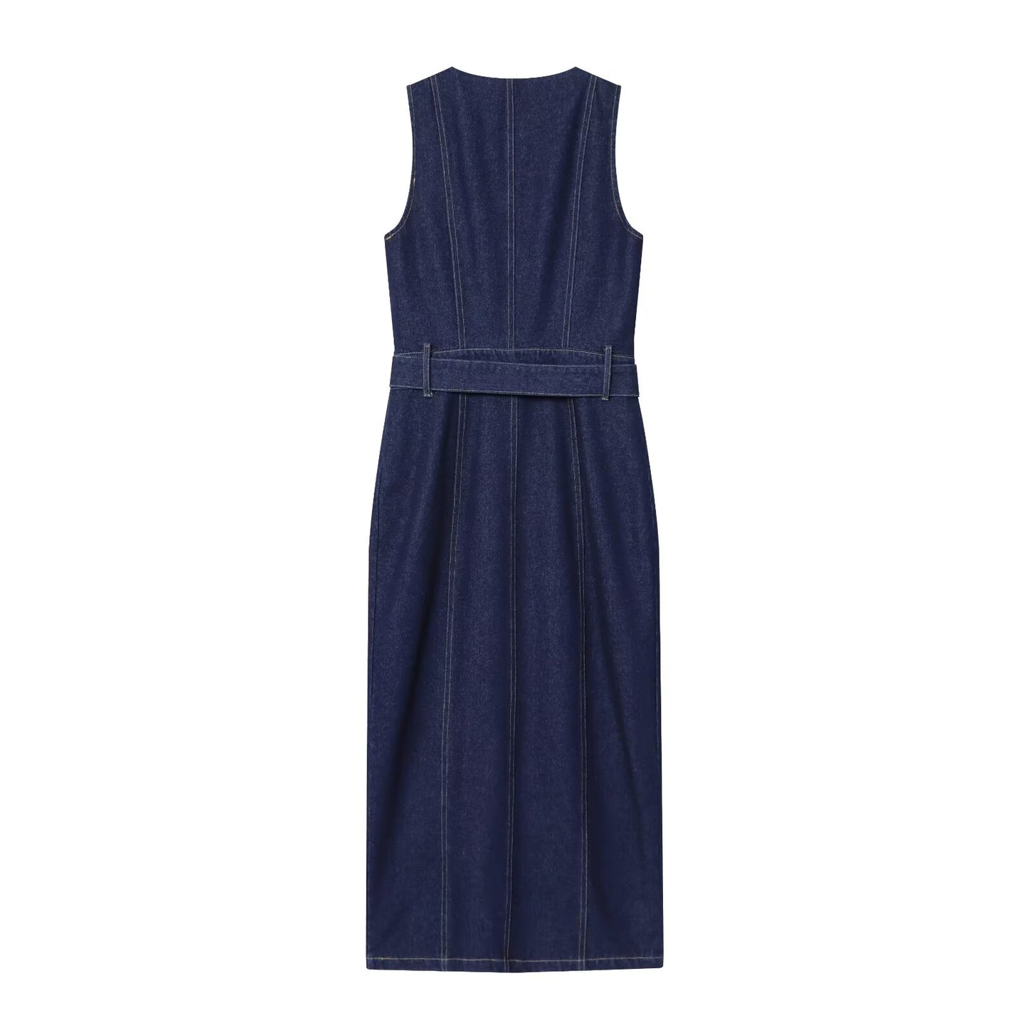 Women's new fashion with Belt slim O Neck denim Midi dress