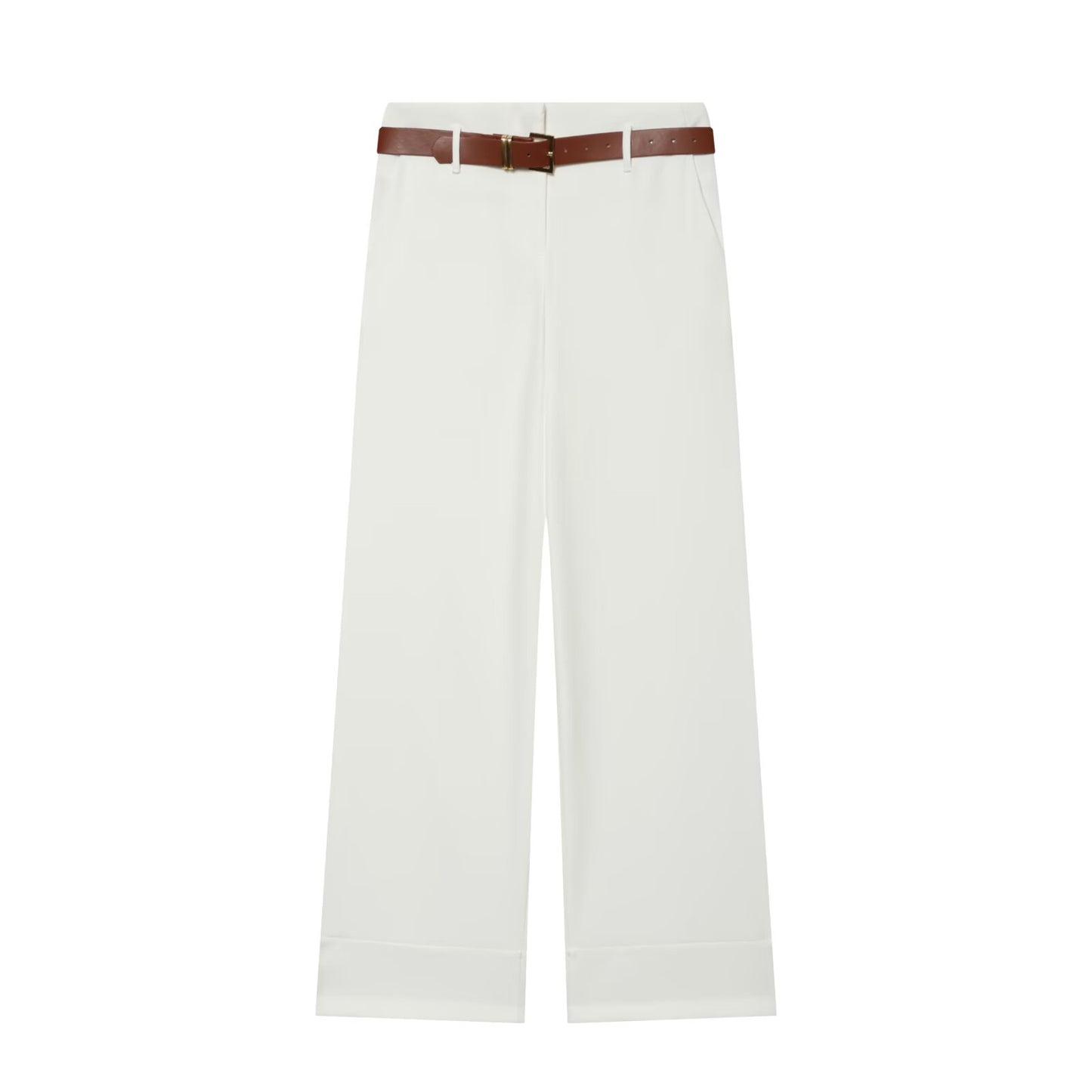 Women's With Belt high waisted straight leg rolled edge pants