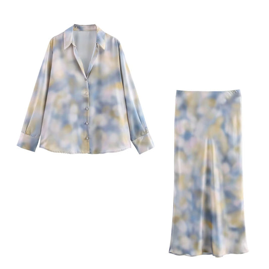 set woman 2 pieces2025 Fashion Print Blouses Vintage Female + high waist trousers Women's suit
