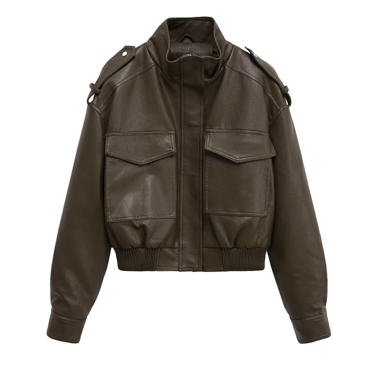 Women's short standing collar Faux Leather jacket Coat