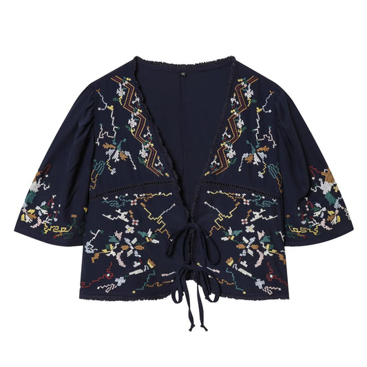 Women's floral embroidery short V-neck top