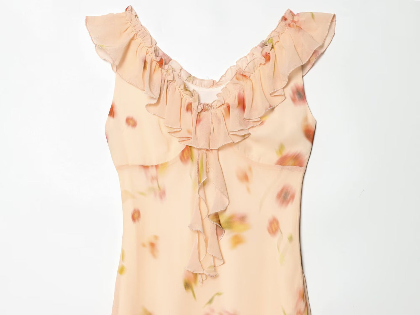 Women's ruffle edge decorative printed MIDI dress