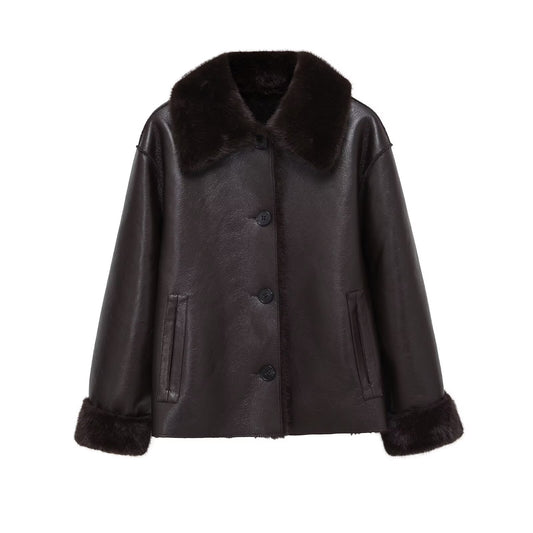 Women's faux fur effect double-sided Faux Leather jacket Coat