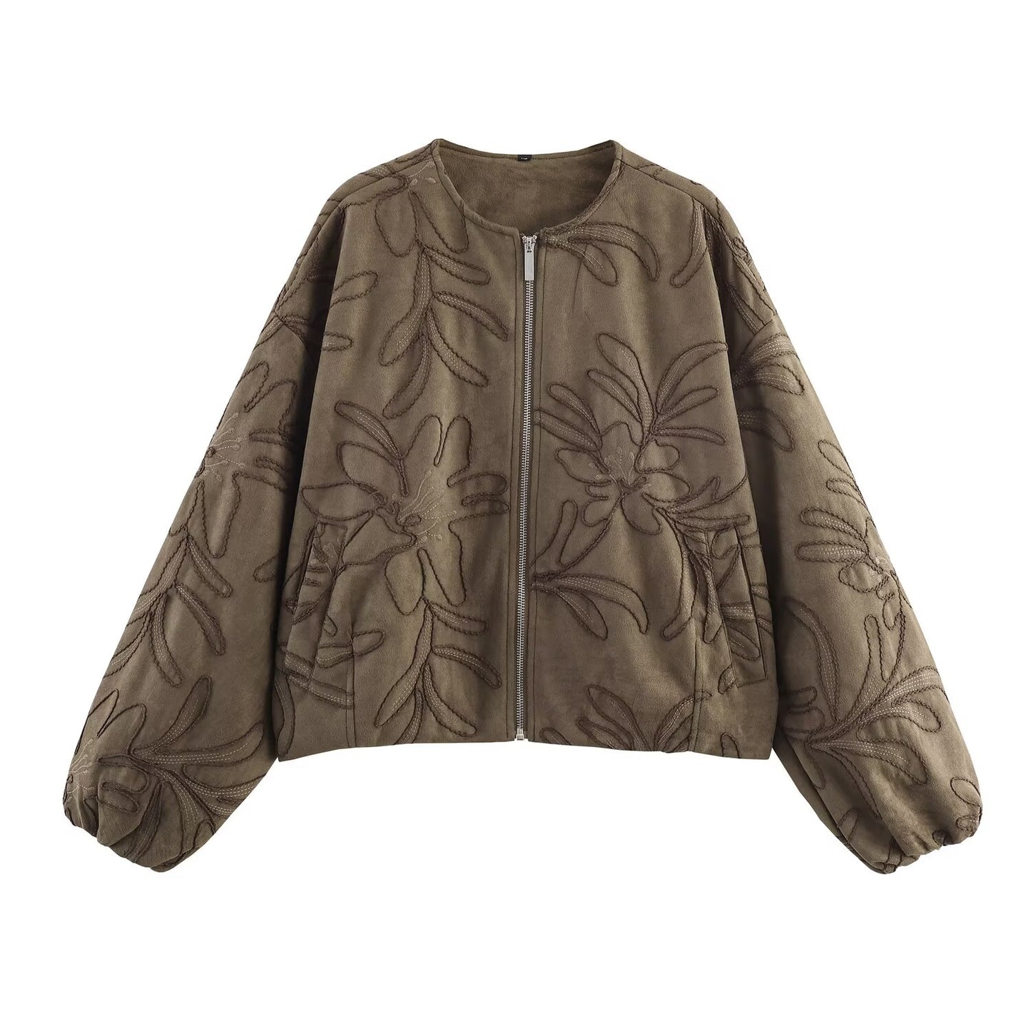 Women's embroidered suede texture O Neck pilot jacket Coat