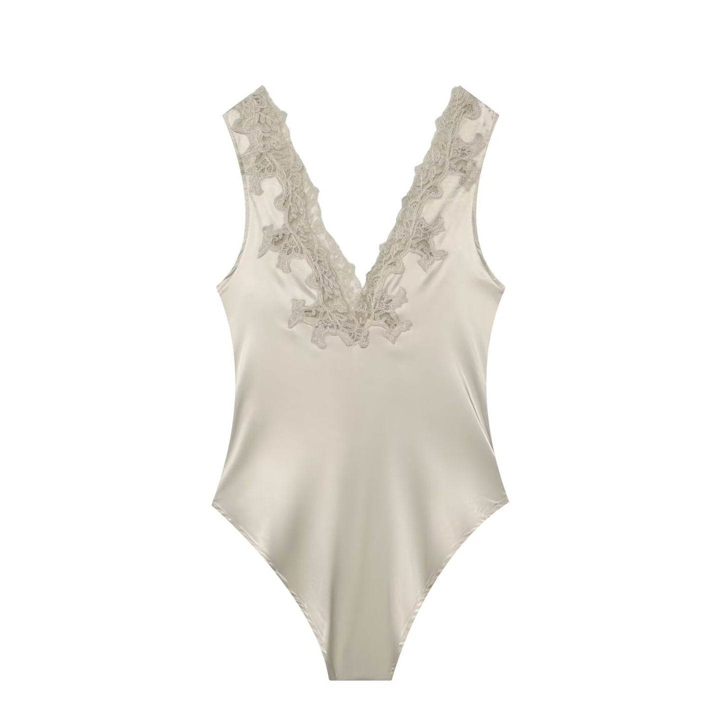 Women's lace decorated satin textured bodysuit