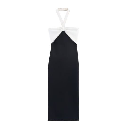 Women's 2025 Fashion Bow Decoration Elastic Hanging Neck Midi Dress