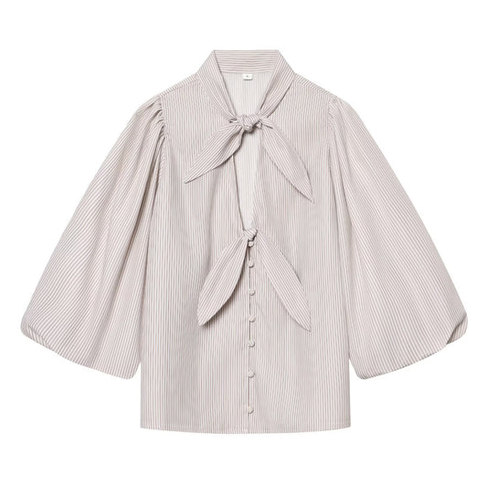 Women's bow decoration hollow striped shirt