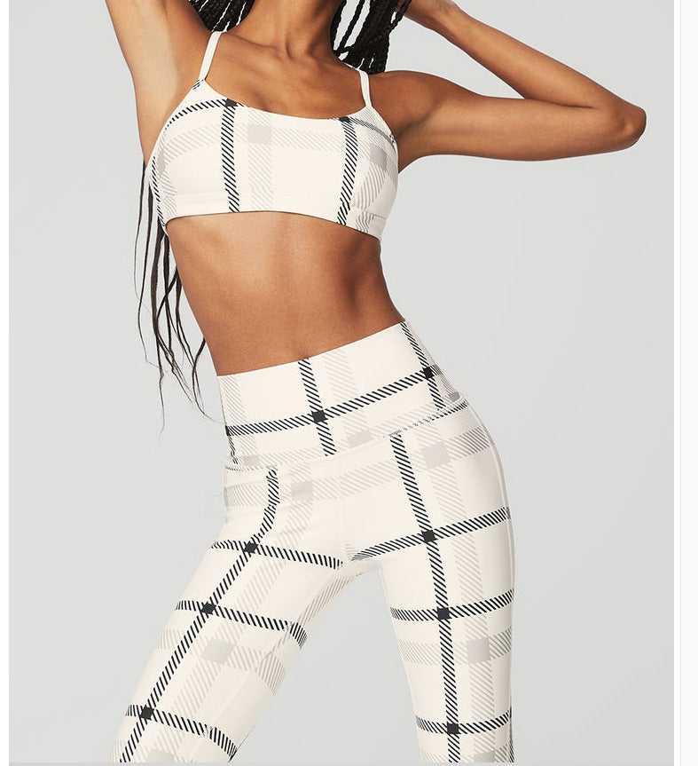 Set Women's New Fashion Plaid Yoga Clothes Women's Vest Sports Bra Underwear+running Fitness Pants Set