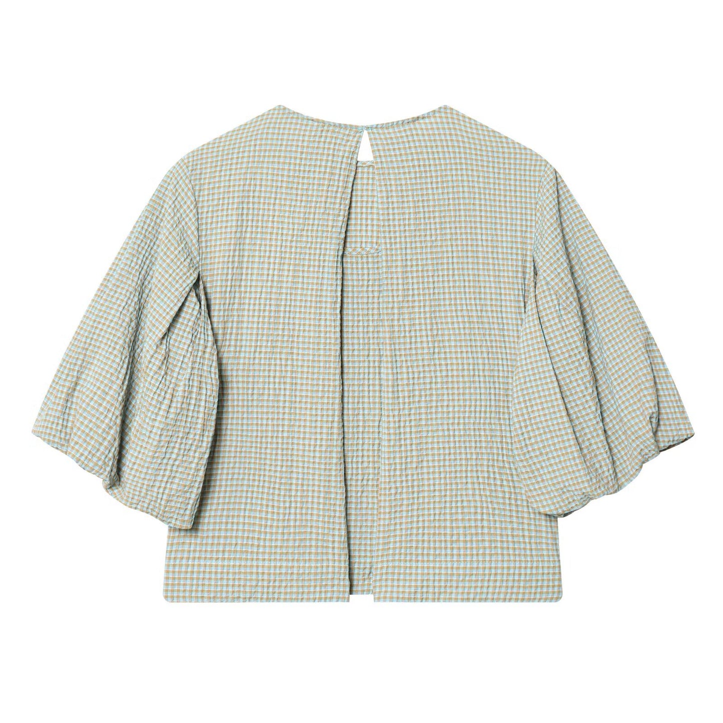 Women's O Neck balloon sleeve checkered top
