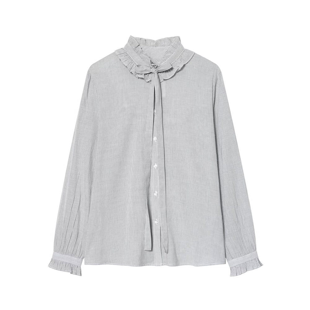 Women's bow decoration long sleeved striped top
