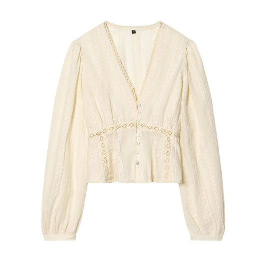 Women's short V-neck embroidered shirt