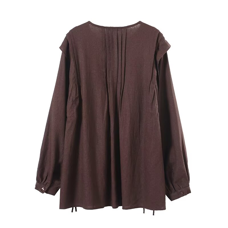 Women's ruffled long sleeved linen blend shirt